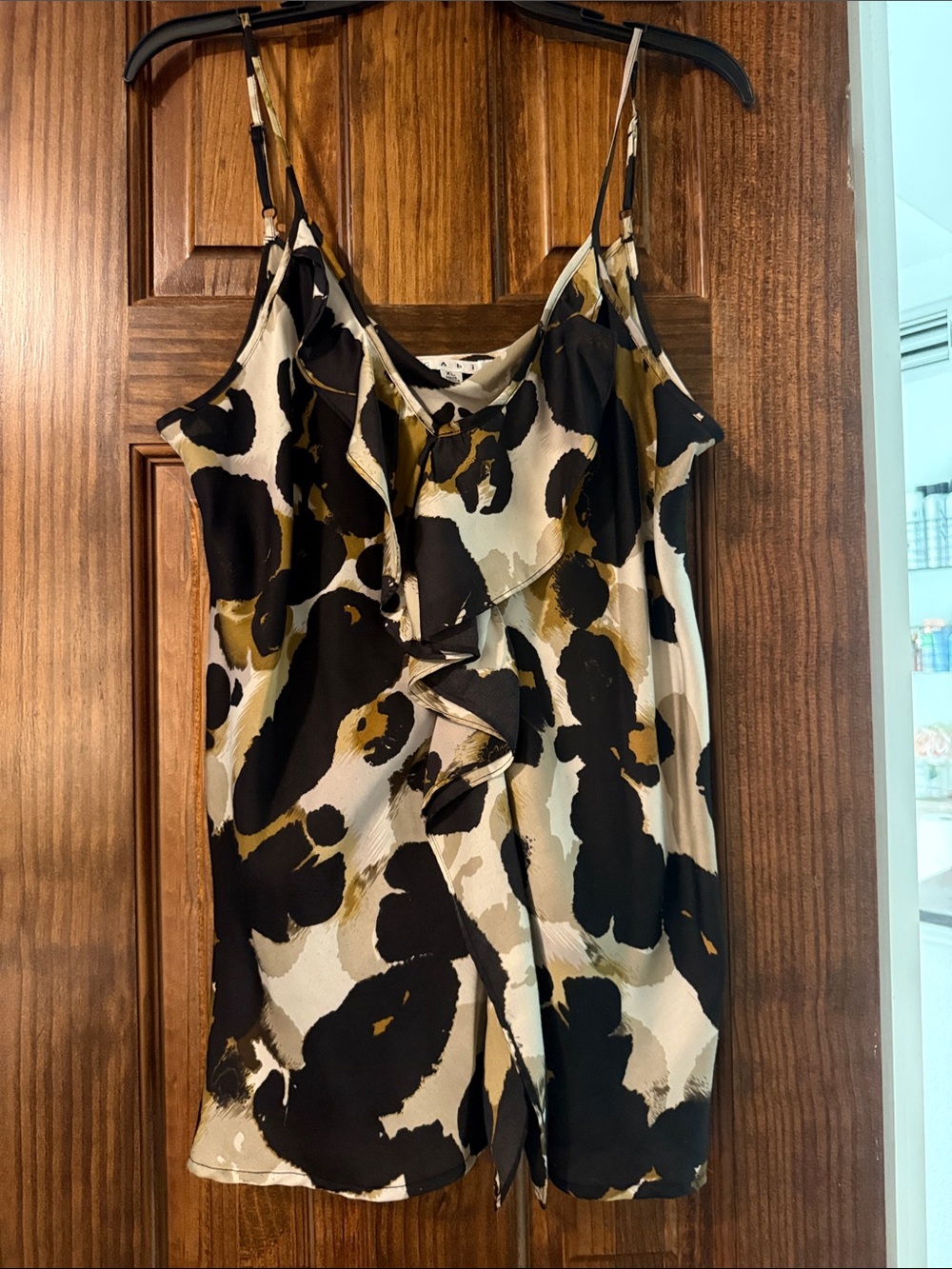 CAbi Black, Cream & Brown Abstract Animal Print Ruffle Cami